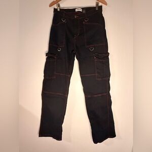 Aphrodite Black Cargo Pants Size 7 Y2K Goth Utility D Ring Wide Leg Red Stitch